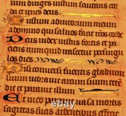 14th-cent Latin decorated medieval manuscript GOLD caps Book of hours psalm RARE