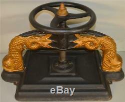 18603 Early Cast Iron Book Press with Dolphin Heads Rare