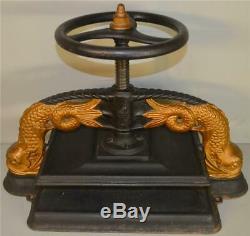 18603 Early Cast Iron Book Press with Dolphin Heads Rare