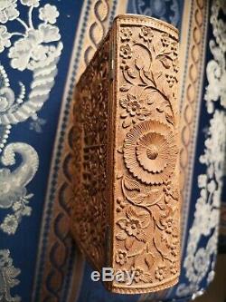 19c Antique Sandalwood Anglo Indian Deep Carving Book Cover RARE