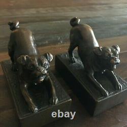 (2) Antique Vintage Bronze Book Ends Bookends Pug Dogs or Bulldogs Rare Unusual