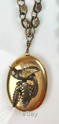Antique 14K Rose Gold Book Chain Necklace Pendant Lg Locket Bird RARE EN901