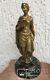 Antique Bronze Sculpture Girl With A Book Statue Marble Figure Gilt Rare Old 20c