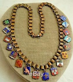 Antique French European Travel Shield Enamel Charm Book Chain Necklace RARE
