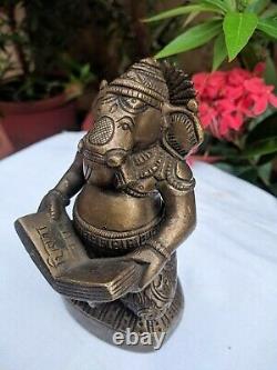Antique Ganesh Brass Statue Book Reading Ganesha Hindu Home Decor Puja Idol Rare
