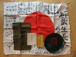 Antique Japanese Flag Rising Sun Signed withBag, Plate, Book Rare Set old