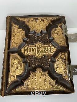 Antique Parallel Family Bible Pictorial Leather, Truly Rare & Unique 1886