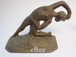 Antique Rare Bookends Arching Lady Set 2 1929 Gilded Iron, Book Piece, Art Deco
