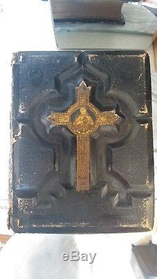 Antique Rare HOLY CATHOLIC BIBLE Douay & Rheims 1800'S. 22 KT Gold Gilt Leather