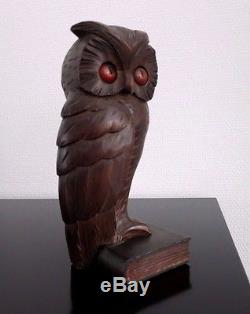 Antique Rollng Eye Clock Oswald Germany Art Deco Owl & Book Carved Wood Rare