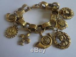 Antique Victorian Art Nouveau Etruscan Gold Tone Charm Bracelet Book Chain Rare