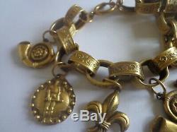 Antique Victorian Art Nouveau Etruscan Gold Tone Charm Bracelet Book Chain Rare