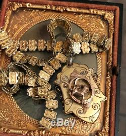 Antique Victorian Etruscan Revival Locket Pendant Book Chain Necklace Rare Deer