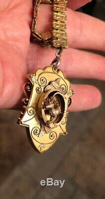 Antique Victorian Etruscan Revival Locket Pendant Book Chain Necklace Rare Deer