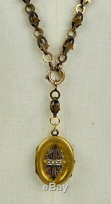 Antique Victorian Rose GF Book Chain Locket Necklace Gold Fronts RARE EN1040