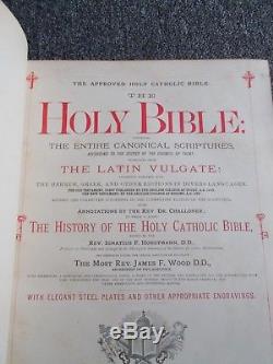 Antique Vtg 1800's Catholic Holy Bible Leather Bound Embossed Pope Leo XIII RARE
