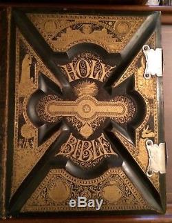 Holy Bible Antique Parallel RARE Edition Pictorial Family Leather c1892