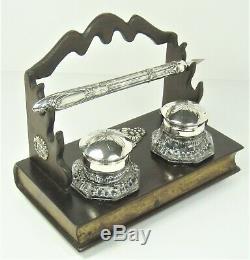 Inkwell double RARE solid silver + glass wood book shape pen holder 19th century