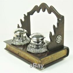 Inkwell double RARE solid silver + glass wood book shape pen holder 19th century