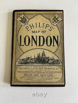 PHILIPS MAP of LONDON c. 1880 RARE Antique FOLD-OUT color MAP hardcover