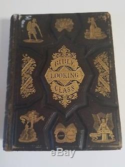 RARE Antique 1874 Bible Looking Glass Leather Bound Book Illustrated John Barber