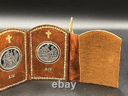 RARE Antique Sterling Silver Stations Of The Cross Italy Leather Prayer Book VTG