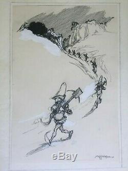 RARE Antique book illustration original ink drawing Snow white dwarf art Disney