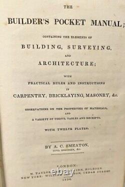 RARE Builders Pocket Manual Smeaton Carpentry Masonry 1836 1st ED Antique Book