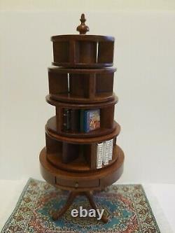 RARE Dollhouse Miniature BESPAQ Rotating Bookcase Shelf 4 Tier + Books + Rug