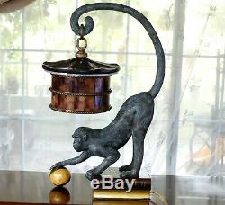 RARE Maitland Smith Bronze Monkey Table Lamp Leather Book Penshell Shade Antique