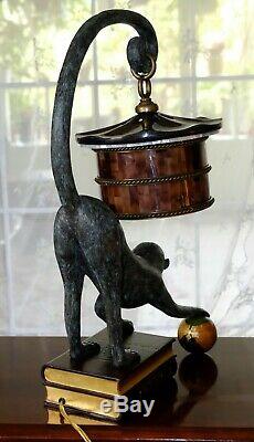 RARE Maitland Smith Bronze Monkey Table Lamp Leather Book Penshell Shade Antique
