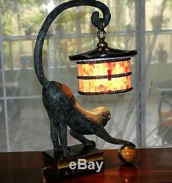 RARE Maitland Smith Bronze Monkey Table Lamp Leather Book Penshell Shade Antique