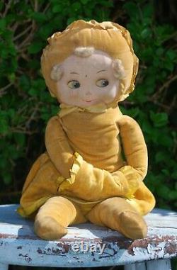 Rare 1930s 19 Yellow Velvet Deans Rag Book Cloth Doll Miss Muffet With Label