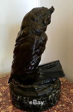 Rare Antique Bronze Bird Sculpture of an Owl Perched on Book
