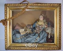 Rare Antique Composition Doll in Shadowbox Frame 18thC Lady Reading a Book