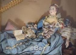 Rare Antique Composition Doll in Shadowbox Frame 18thC Lady Reading a Book