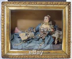 Rare Antique Composition Doll in Shadowbox Frame 18thC Lady Reading a Book