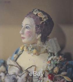 Rare Antique Composition Doll in Shadowbox Frame 18thC Lady Reading a Book