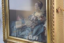 Rare Antique Composition Doll in Shadowbox Frame 18thC Lady Reading a Book