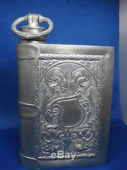 Rare Antique German Pewter Embossed Book Art Bottle-Flask with screw on Lid