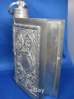 Rare Antique German Pewter Embossed Book Art Bottle-Flask with screw on Lid