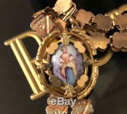 Rare Antique Heirloom Rose GF Hand Painted Cameo Book Chain Lavalier Necklace