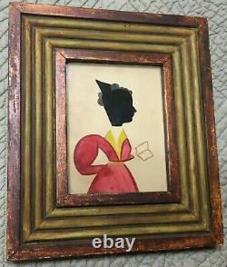 Rare Antique Hollowcut and Watercolor Silhouette Woman with Hair Comb & Book