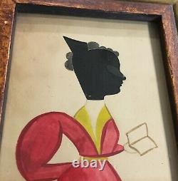 Rare Antique Hollowcut and Watercolor Silhouette Woman with Hair Comb & Book