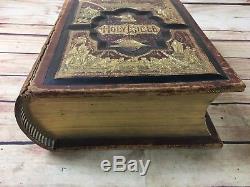 Rare Antique Pronouncing Parallel Pictorial Family Leather Holy Bible 1891