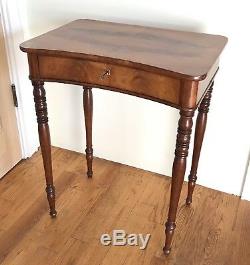 Rare, Antique Sewing Table with book matched walnut, keyhole drawer, turned legs