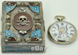 Rare Antique Victorian Memento Mori Skull Lip watch&Masonic Bible book box c1890