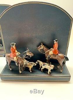 Rare! Antique Vintage Fox Hunt Equestrian Book Ends Leather & Cast Metal