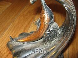 Rare Antique Vintage Old Bronze Over Cast Metal Dolphin Book Ends Fishing decor