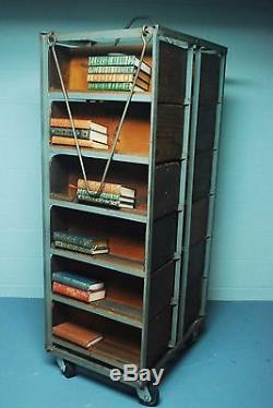 Rare Antique Vtg Industrial Two-Sided Iron Wood Library Cart Book Case